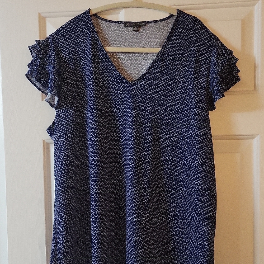Blue V-Neck Ruffle Sleeve Top